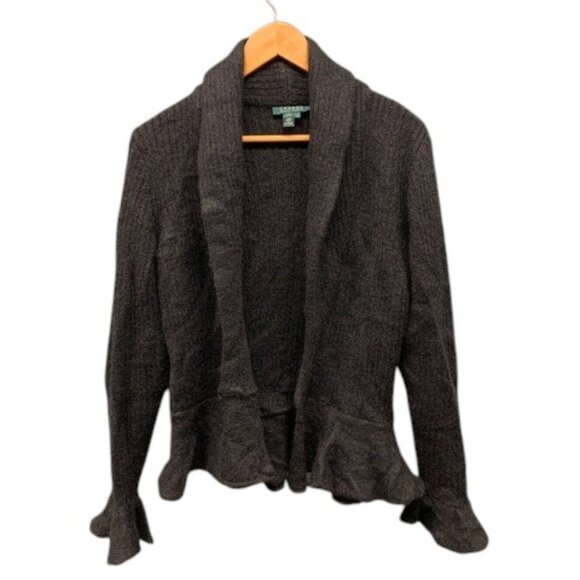 Lauren Ralph Lauren Women’s M Gray Mohair Blend Cardigan Ruffle Hem Open Front - Picture 1 of 9